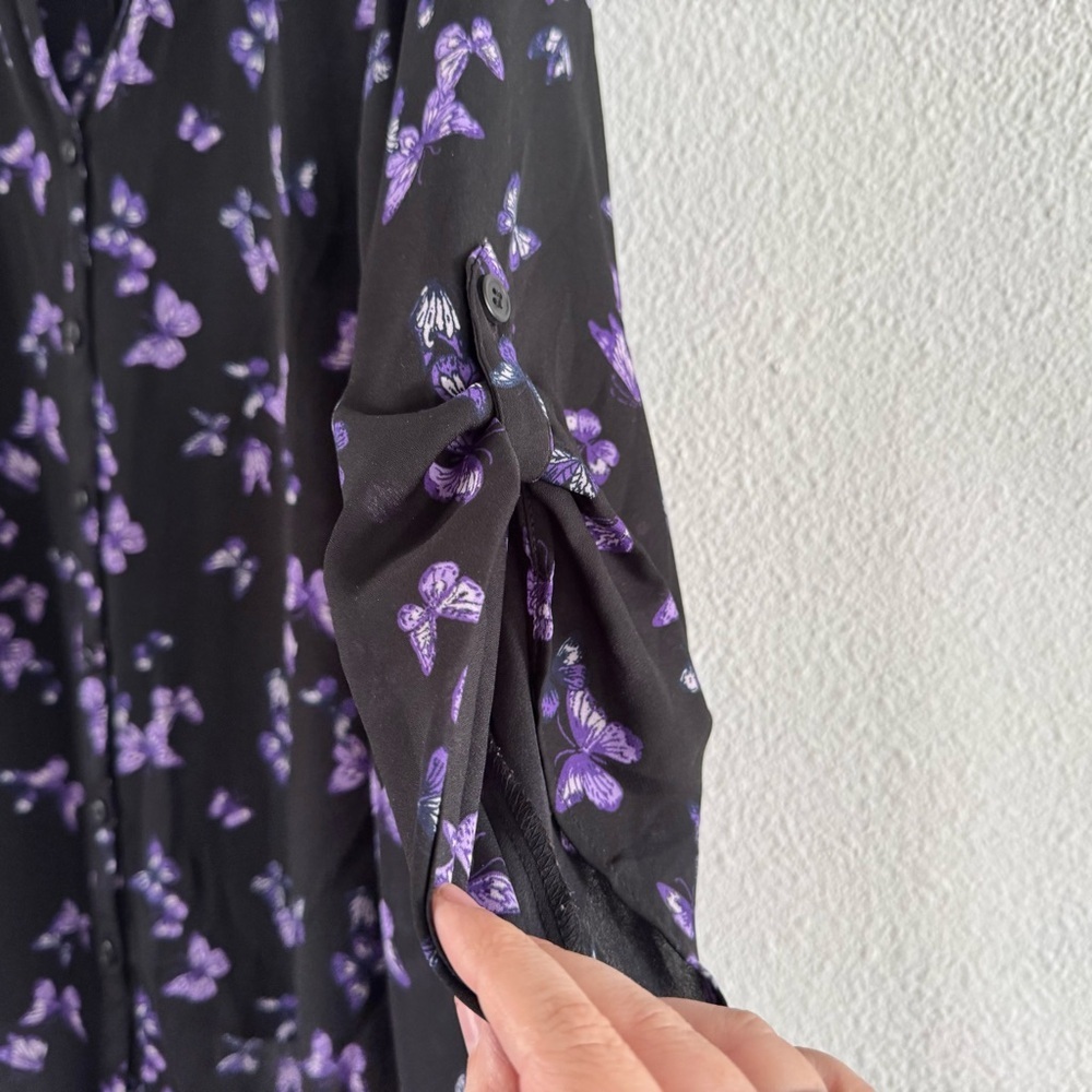 Butterfly Roll Tab Blouse 2X 22/24 Catherines Black Purple Art-to-Wear Shirt Lux - Picture 5 of 9